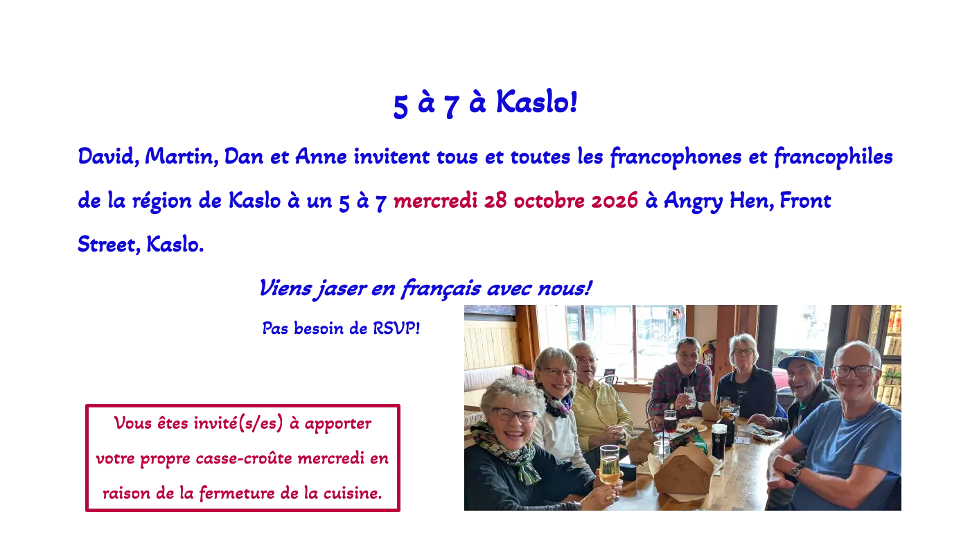 5 a 7 a Kaslo octobre 2026